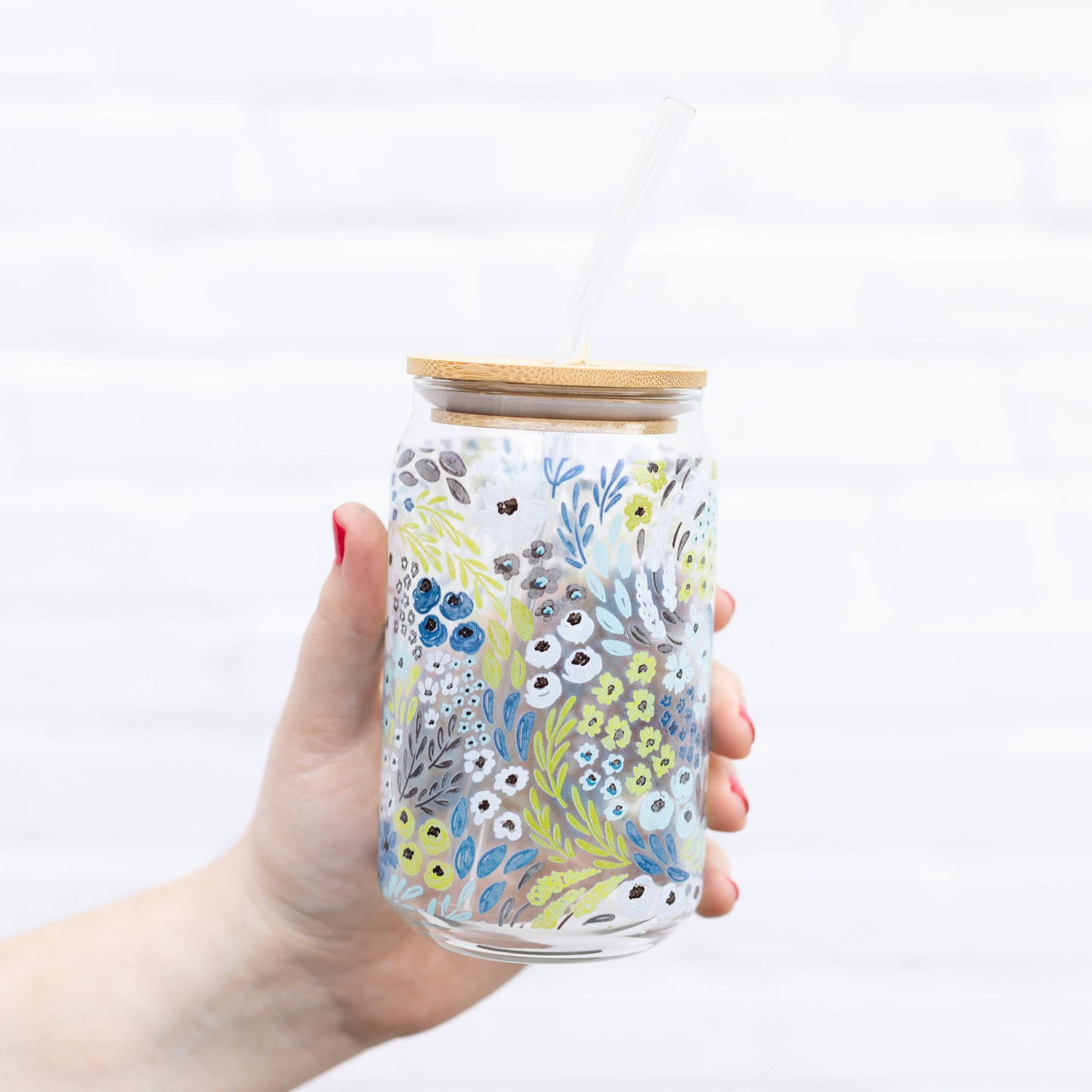 16 oz Waterfall Floral Glass Can