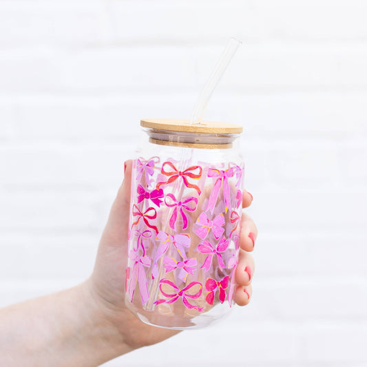 16 oz Pink Bows Glass Can